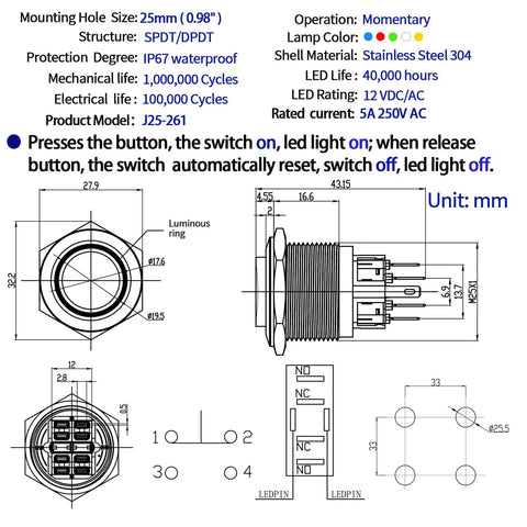 Diagram of 25mm UL Listed Momentary Push Button Switch With High Round Head 2NO2NC DPDT SPDT Stainless Steel Shell 12V LED Angel Eye Ring