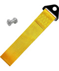 Heavy Duty Racing Tow Strap And Nylon Towing Rope For Jdm Sports Cars, Universal Front Or Rear Bumper Recovery Line, showing bold yellow strap and bolt.