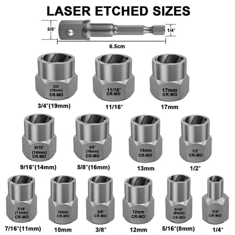 Beast Of A Impact Bolt And Nut Remover Set Thirteen Plus One Piece Kit With Three Eighths Inch Drive Extractor Sockets, sizes 8mm-19mm
