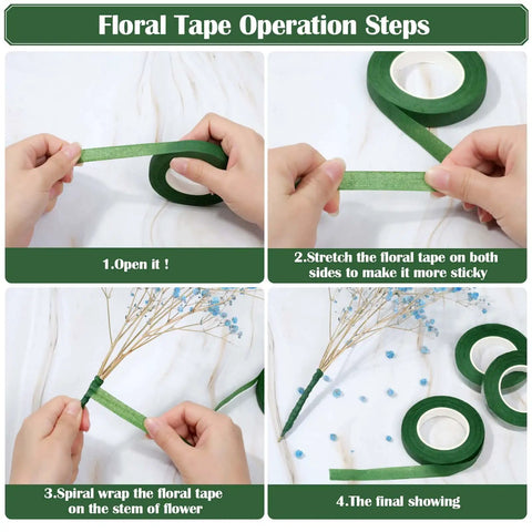 All In One DIY Floral Arrangement Kit With Green Wire And Floral Tape showing tape wrapping steps on flower stem
