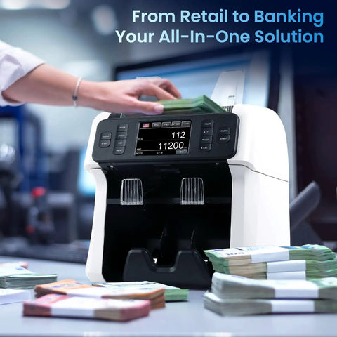 Mixed Denomination Money Counter And Sorter With Reject Pocket Pro in use, counting currency with visible screen display