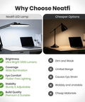 Comparison of Mega Bright 2200 Lumens LED Desk Lamp With 24W Power Shadow Free Task Lighting and a cheaper desk lamp option.