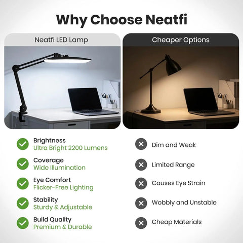 Comparison of Mega Bright 2200 Lumens LED Desk Lamp With 24W Power Shadow Free Task Lighting and a cheaper desk lamp option.