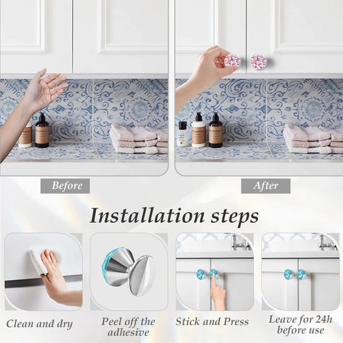 Installation steps for Crystal Adhesive Cabinet Knobs Four Pack Amber K9 Crystal Pulls Peel And Stick No Drill Dresser Handles