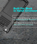 Badass Durability 6.5-Inch Rugged Tablet PC With Honeywell Barcode Scanner And Windows 11 IoT Enterprise OS showing TPU material housing and IP65 rating.