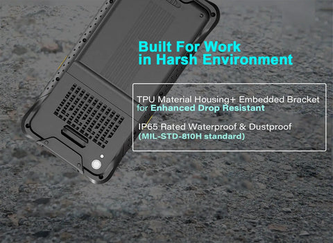 Badass Durability 6.5-Inch Rugged Tablet PC With Honeywell Barcode Scanner And Windows 11 IoT Enterprise OS showing TPU material housing and IP65 rating.