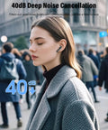 Person wearing Dope Wireless Earbuds With Bluetooth 5.4, Deep Bass Stereo Sound, Noise Cancelling Mic in urban setting