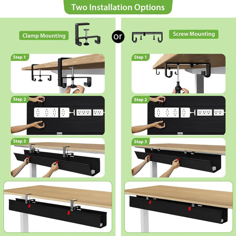 Huge 48 Inch Under Desk Cable Management Tray With Clamp Or Screw Mount No Drill Setup, installation steps illustrated