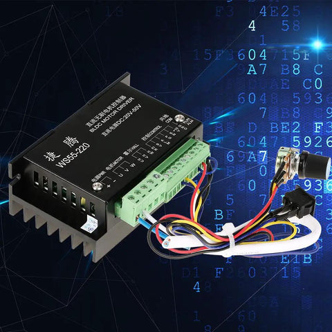 Beefy 48V 500W Brushless Motor Controller For DC Spindle BLDC Motors with wiring and connectors on digital background