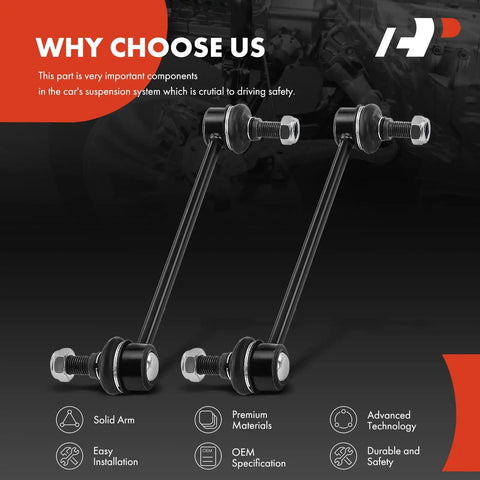 Front Sway Bar Link Set for Hyundai Elantra 2007 2012 and Kia Forte Forte Koup Forte5 Rondo Magentis Optima 2006 2011 2 Pack Replacement Stabilizer Bar Links for a Tighter Smoother Ride and Confident Handling displayed with product features