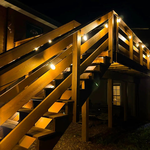 96Ft Outdoor String Lights For Patio And Garden Waterproof Shatterproof Edison Bulbs Warm Glow 2200K on wooden staircase