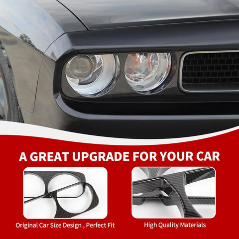 Close-up of installed Carbon Fiber Front Headlight Cover Trim For Dodge Challenger 2009 2010 2011 2012 2013 2014