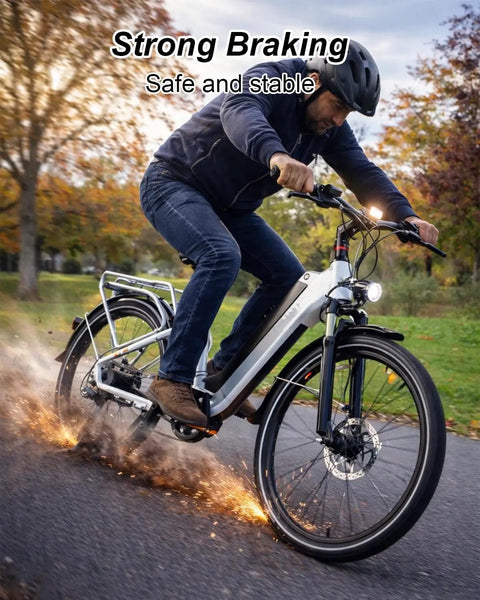 Person riding a bike demonstrating strong braking, using Beefy Electric Bike Brake Pad Set With Quiet Braking For City Cruisers, Mountain E Bikes, And Trikes.
