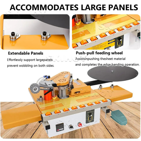 Automatic Edge Bander Portable Edge Banding Machine With 1000ml Glue Capacity, extendable panels, push-pull feeding wheel.