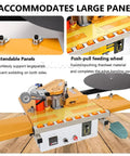 Edge Banding Pro Tool With Auto Cutting And Smart Temperature Control shown with extendable panels and feeding wheel for large panels.
