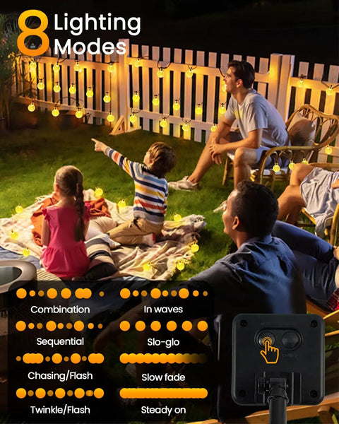 People enjoying a backyard party under 64ft 100 LED Crystal Globe Solar String Lights Outdoor Waterproof With 8 Lighting Modes For Patio Garden Yard Wedding Porch Tree Easter Warm White Party Ready lighting.