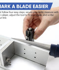 Top Shelf Knife Making Center Scribe With Adjustable Carbide Tip For Dead Nuts Accurate Center Line Layout On Blades And Custom Forge Builds Go To Blacksmith And Knifemaker Tool One Pack in action marking a blade.