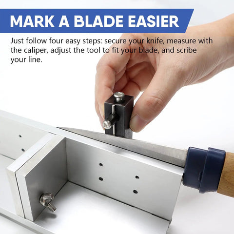Top Shelf Knife Making Center Scribe With Adjustable Carbide Tip For Dead Nuts Accurate Center Line Layout On Blades And Custom Forge Builds Go To Blacksmith And Knifemaker Tool One Pack in action marking a blade.