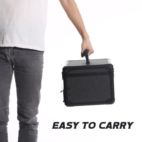 Person carrying Heavy Duty Tool Box With Drawers Hard Case Organizer For Home Garage Shop And Jobsite Portable Black Storage Cabinet