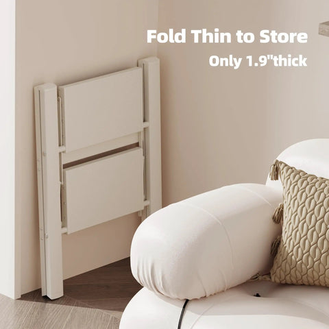 Aluminum 2 Step Folding Ladder White Finish Lightweight and Portable for Home Garage or Workshop Open Size 18x20x24 Inches Top Step Height 17.7 Inches Folds to Slim 1.8 Inch Profile for Easy Carry and Neat Storage. Folded white aluminum ladder stored thin against wall
