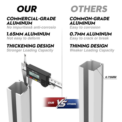 Comparison of two aluminum ceiling track systems showing thickness and design differences.