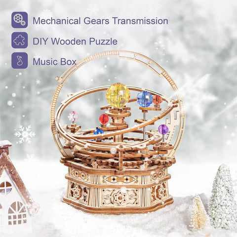 Starry Night 3D Wooden Puzzle Music Box Kit For Adults And Teens, Hands On Rotating Model Craft For DIY Lovers, Non Toxic Plywood Build, Great Gift Idea For Boys Ages 14 And Up Desk Decor, wooden music box with gears and orbiting spheres