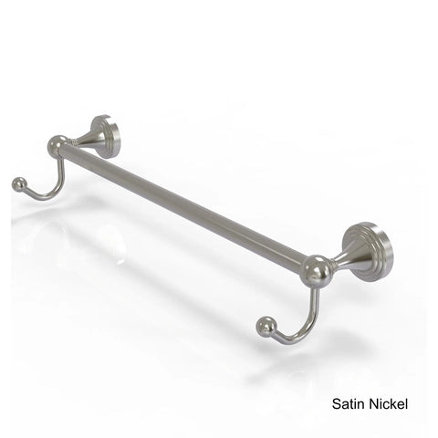 Satin nickel towel bar with integrated hooks, modern bathroom accessory showcasing solid brass and concealed mount design.