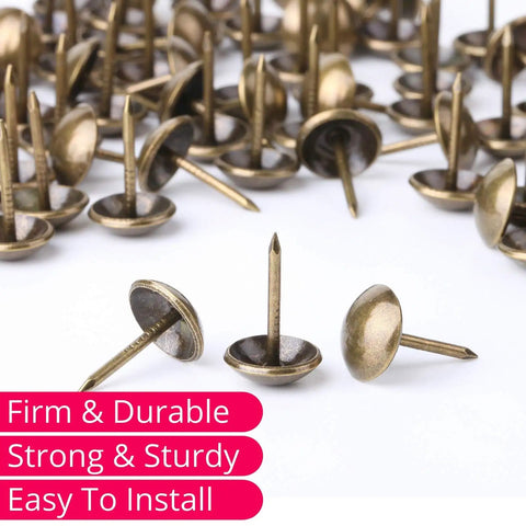 Close-up of Bronze Upholstery Tacks 100 Pack Decorative Nail Heads For Furniture, Antique Brass Finish, showing firm and durable design.