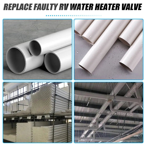 Meanlin 2Pcs Pipe Threader Kit With Npt Die Set For Plumbing Work showing various white PVC pipes suitable for RV water heater installation.