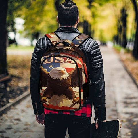 Person wearing Vintage American Eagle Printed Unisex Backpack With Large Capacity, Durable Polyester Everyday Daypack in park