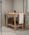 Poly Lumber Shower Bench With Handles And Storage Shelf Water Resistant No Slip Shower Seat Large Bath Chair Spa Stool For Bathroom 24 By 13 Inches Teak featured in a bathroom corner with towel and toiletries.