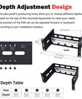 Dimensions and features of 10 Inch 2U Adjustable DIN Rail Mount Bracket For DeskPi RackMate, showing depth adjustment design.