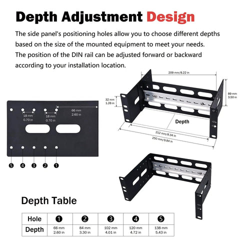 Dimensions and features of 10 Inch 2U Adjustable DIN Rail Mount Bracket For DeskPi RackMate, showing depth adjustment design.