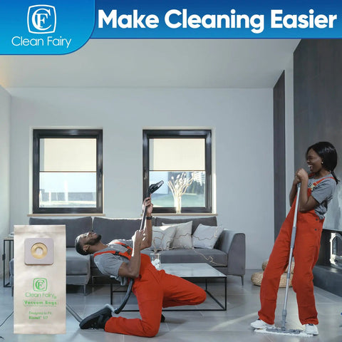 Person playing air guitar with vacuum next to Clean Fairy vacuum bag in living room.