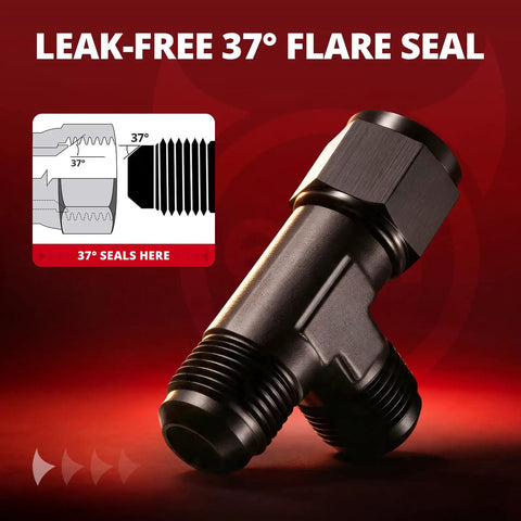 10AN Flare Male Tee Fitting Adapter With AN10 Female Swivel Beefed-Up Black Anodized 6061-T6 Aluminum For Auto High Pressure Lines 7/8-14 UNF Threads 1500 PSI Working Pressure -40 F To 250 F 37 Degree Seal, black tee fitting