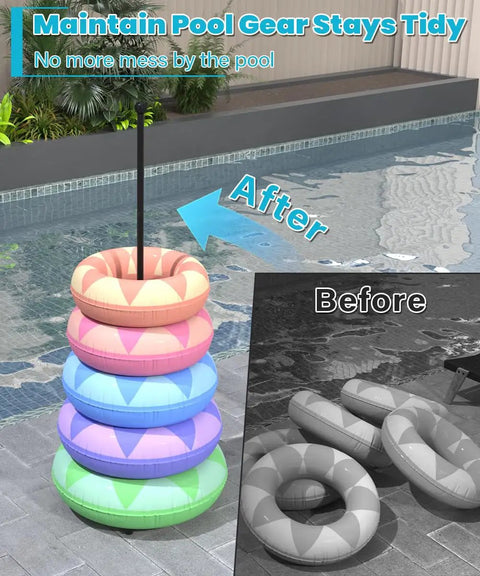 Sturdy Metal Pool Float Rack Organizer For Poolside Storage Holds 5 To 6 Swim Rings with organized floats next to pool
