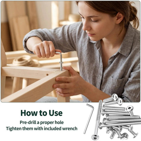 Person using hex key from All In One 121 Piece Furniture Hardware Kit with M6 bolts and cam locks for assembly on wooden frame