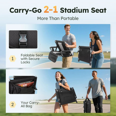 Two Pack Folding Stadium Seats With Cushions in Carry-Go 2-in-1, foldable design with secure locks, lightweight for sports events