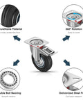 Smooth Gliding Heavy Duty Caster Wheels, 200mm Tpr Rubber Furniture Movers With Foot Brake Options, showing polyurethane wheel and galvanized steel frame.