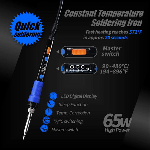 Image showing features of the 65W soldering iron from the All In One Portable Soldering And Hot Air Rework Kit With PID Temperature Control.