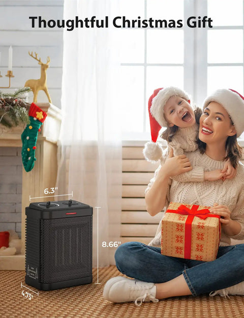1500W Small Space Heater For Indoor Use With PTC Ceramic Heating Thermostat Three Modes next to holiday gift scene