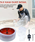 4-inch hole saw with dust bowl catcher for recessed lighting; bi-metal construction with drill bit and hex key