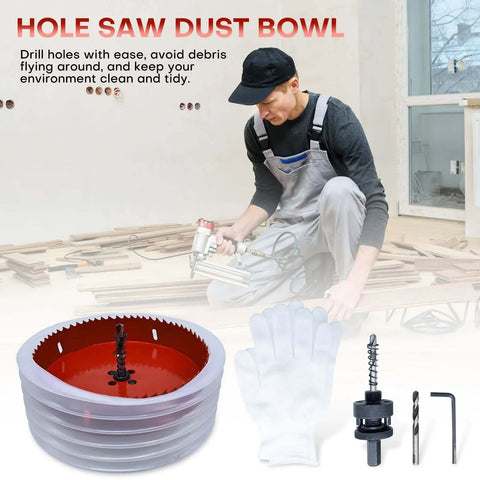 4-inch hole saw with dust bowl catcher for recessed lighting; bi-metal construction with drill bit and hex key
