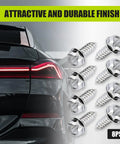 Solid Grip Eight Piece License Plate Screw Kit Forged From Military Grade Stainless Steel Hex Bolts on car rear with LED lights.