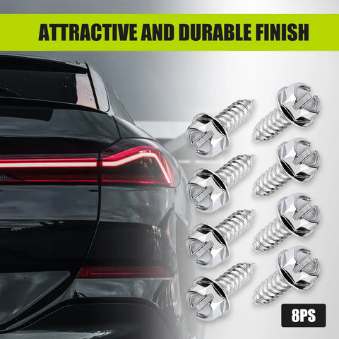 Solid Grip Eight Piece License Plate Screw Kit Forged From Military Grade Stainless Steel Hex Bolts on car rear with LED lights.