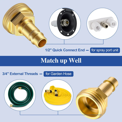 1/2 Inch Quick Connector Hose Adapter for 3/4 Inch Garden Hose RV Spray Port Outlet Brass with PTFE Tape Compatible With PF247007 Plug And Play Quick Connect