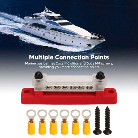 Six Terminal Bus Bar Power Distribution Block High Current 150A DC 48V Marine Grade Plated Brass With Cover for boats