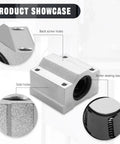 4 Pack 16Mm ID Linear Motion Ball Bearing Slide Block Aluminum Bushing for Linear Rail Guide Shaft with close-up views.