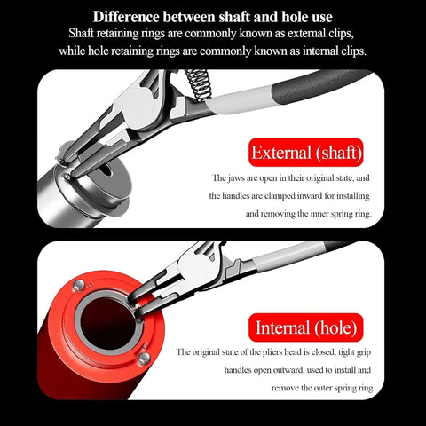 Image illustrating differences between shaft and hole use of Super Tough 5 Pack Snap Rings For Gears And Bearings Heavy Duty C-Clips.