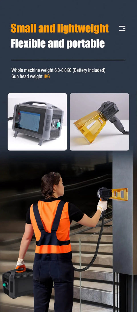 Person using 30W Portable Fiber Laser Engraver Handheld Marker for Metal with 100x100mm Marking Area, showing ergonomic design